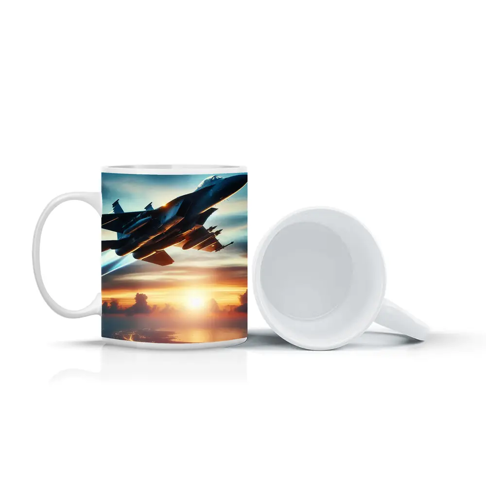 Fighter Jet Flying Over City At Sunset – Mugs