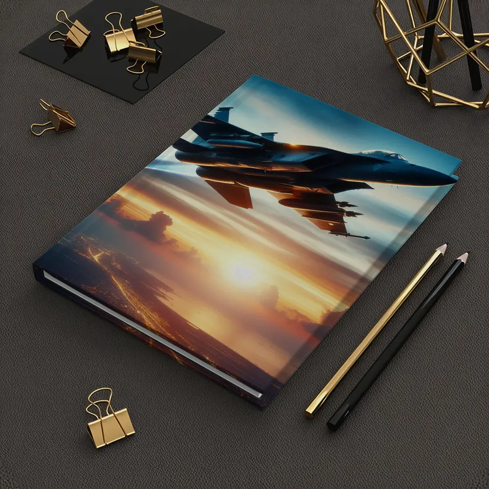 Fighter Jet Flying Over City At Sunset – Notebooks