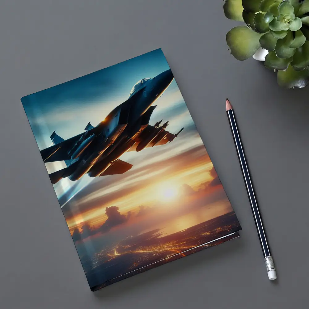 Fighter Jet Flying Over City At Sunset – Notebooks
