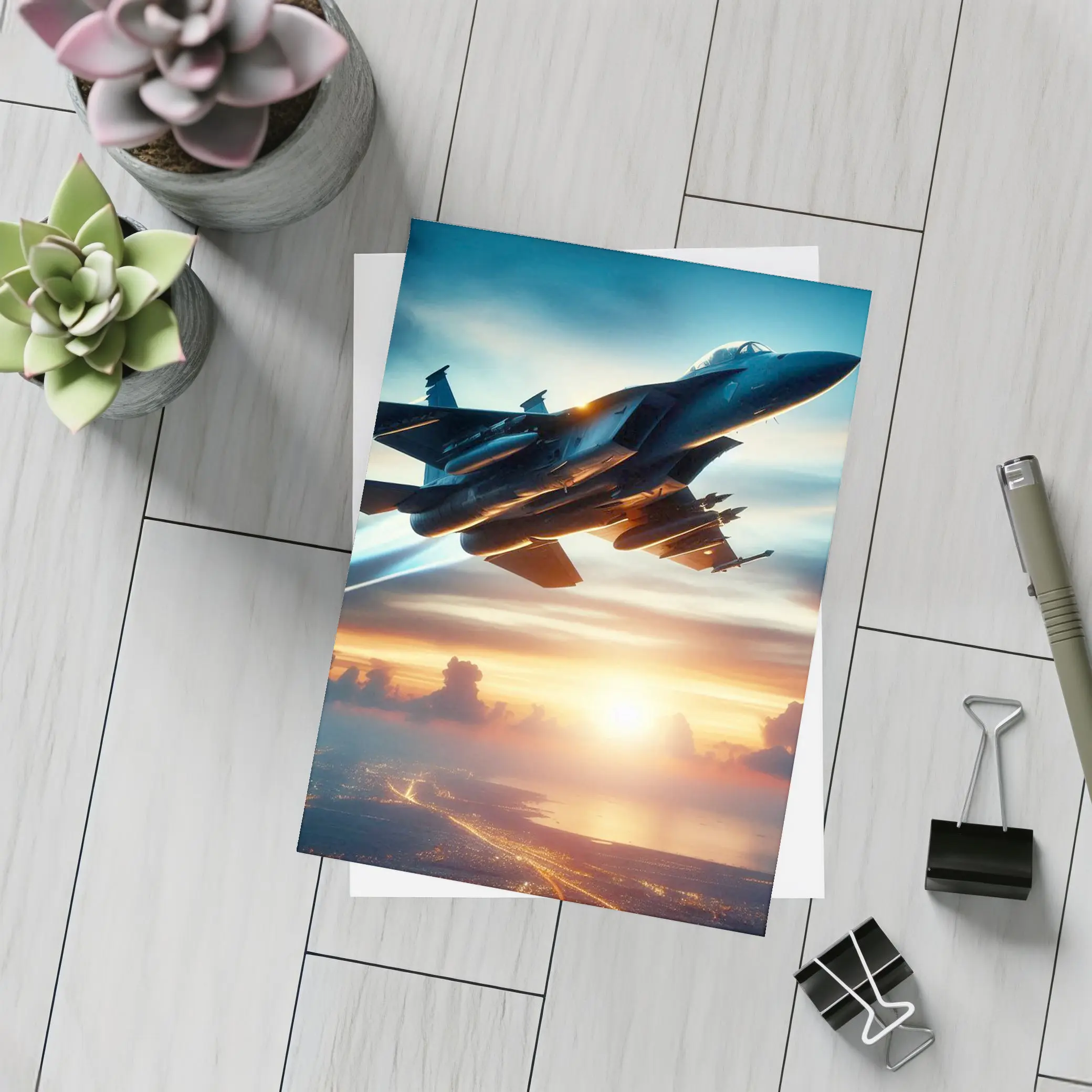 Fighter Jet Flying Over City At Sunset – Postcards