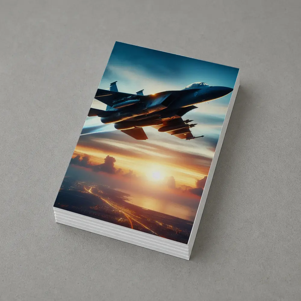Fighter Jet Flying Over City At Sunset – Postcards