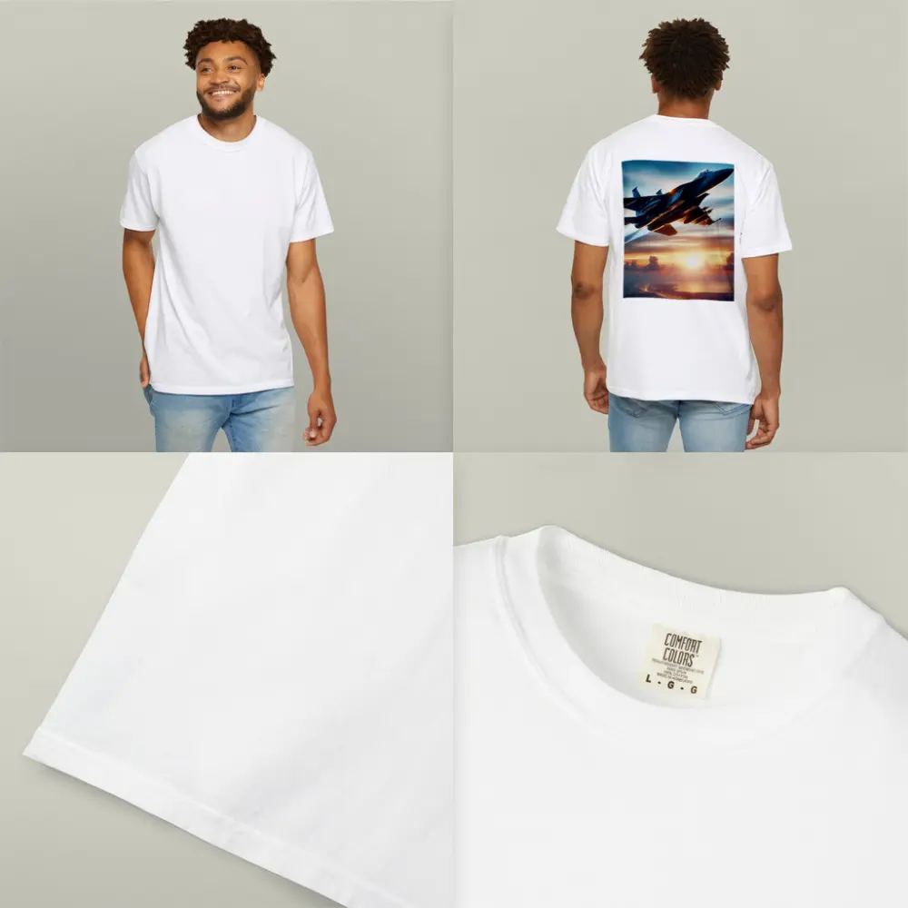 Fighter Jet Flying Over City At Sunset – T-Shirts