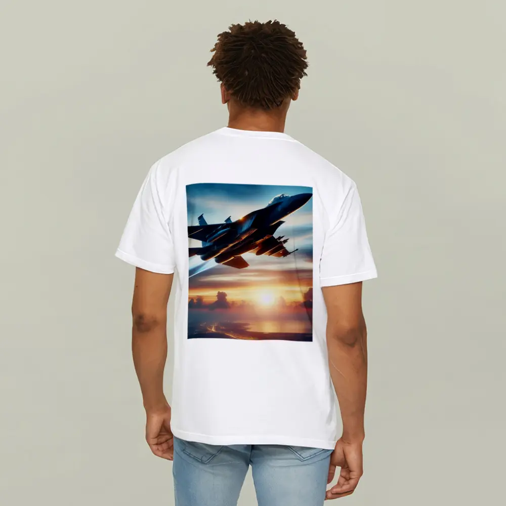 Fighter Jet Flying Over City At Sunset – T-Shirts