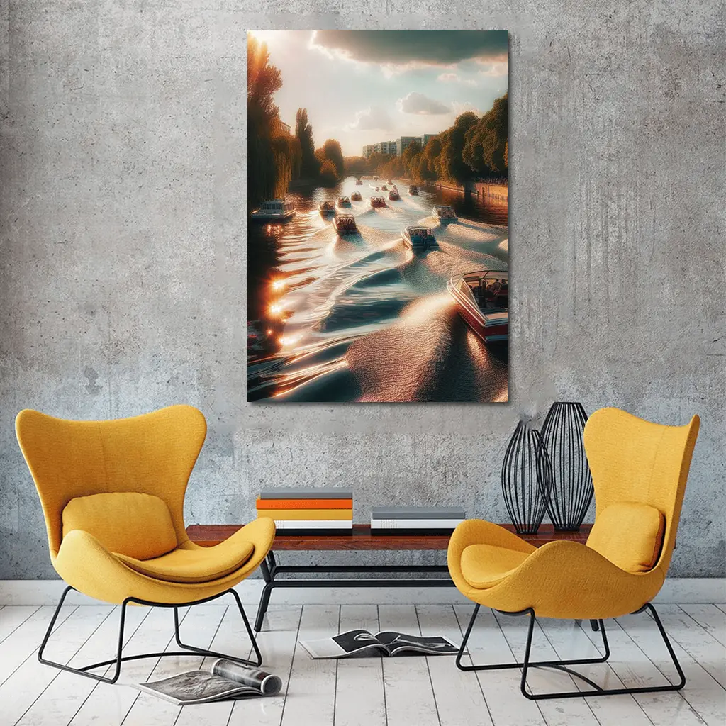 Boats Cruising Sunny River at Golden Hour – Wall Art