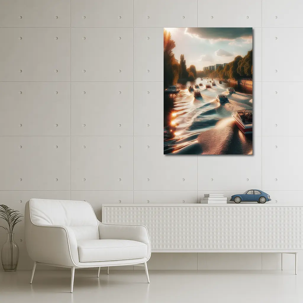 Boats Cruising Sunny River at Golden Hour – Wall Art