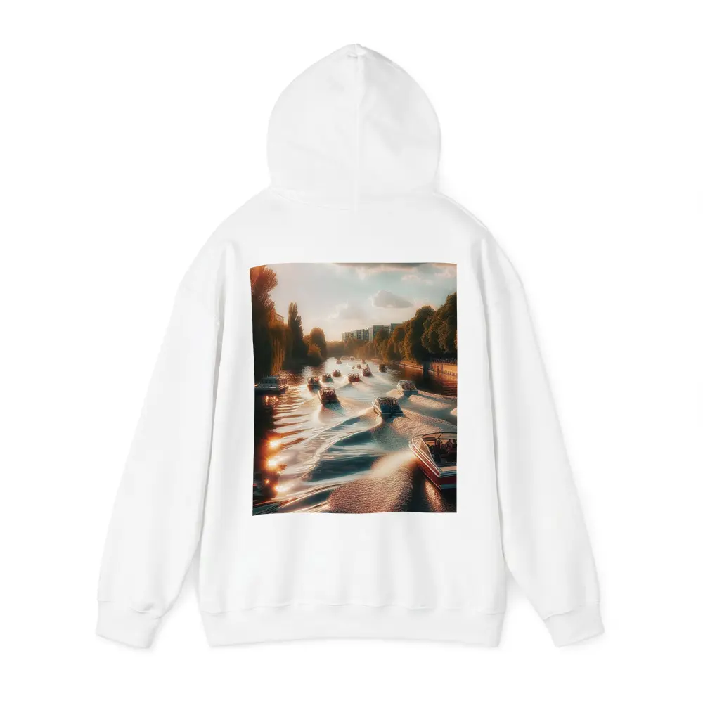 Boats Cruising Sunny River at Golden Hour – Hoodies