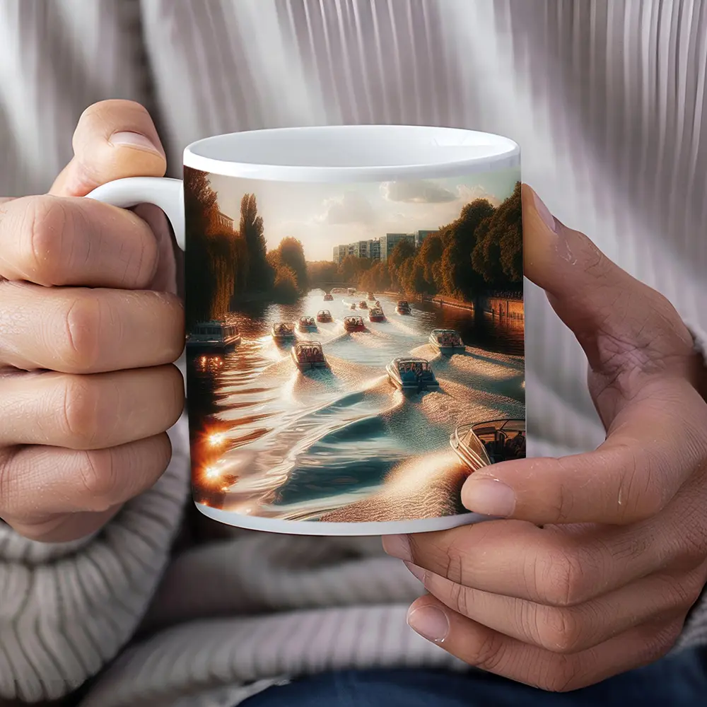 Boats Cruising Sunny River at Golden Hour – Mugs