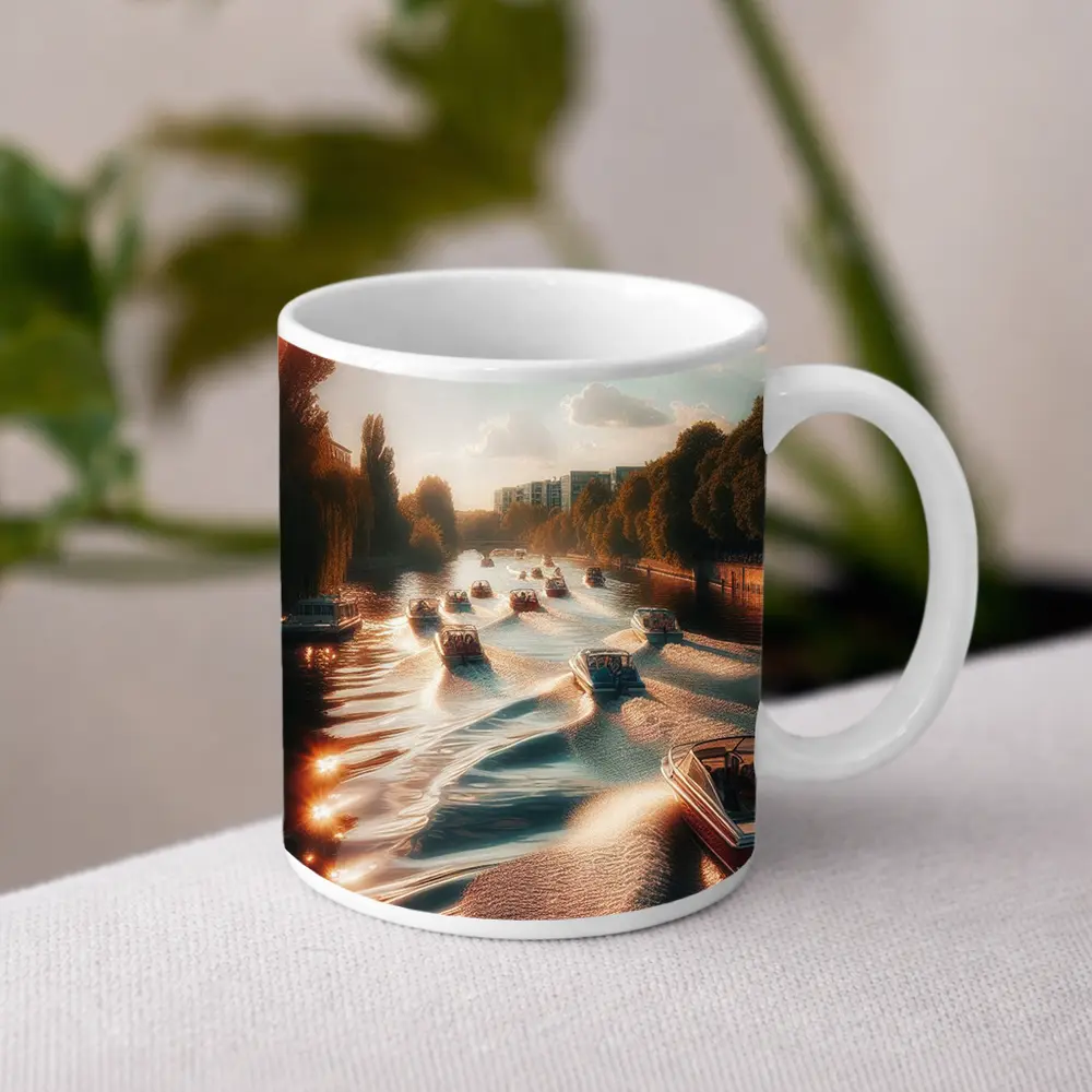 Boats Cruising Sunny River at Golden Hour – Mugs