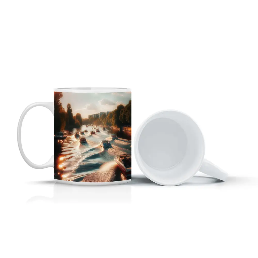 Boats Cruising Sunny River at Golden Hour – Mugs