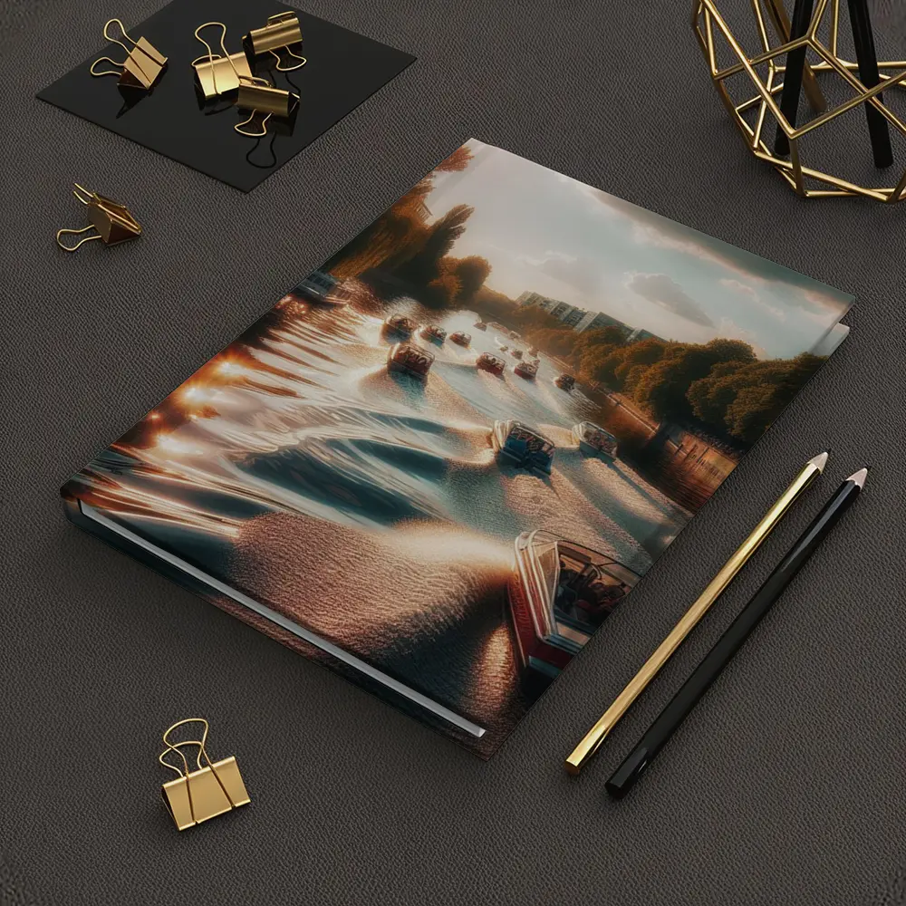 Boats Cruising Sunny River at Golden Hour – Notebooks