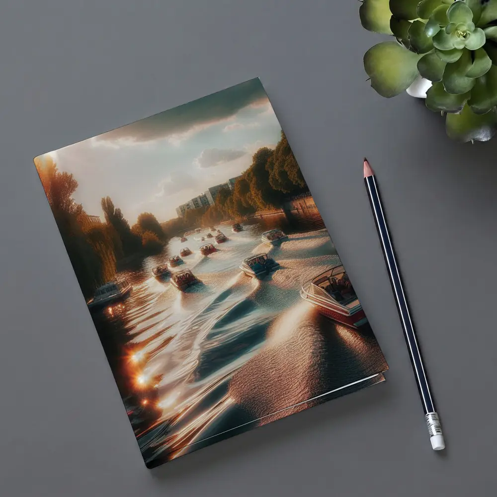 Boats Cruising Sunny River at Golden Hour – Notebooks
