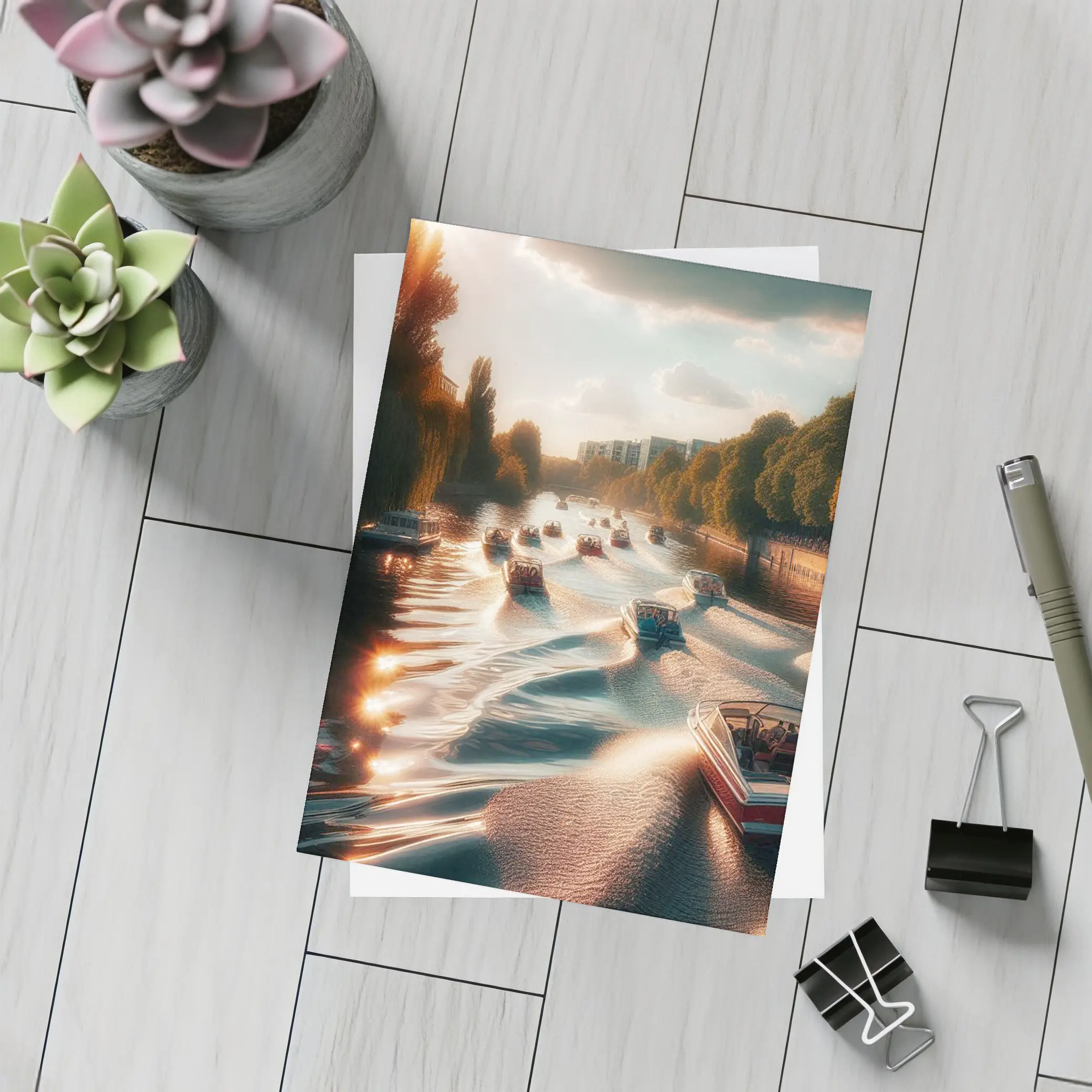 Boats Cruising Sunny River at Golden Hour – Postcards