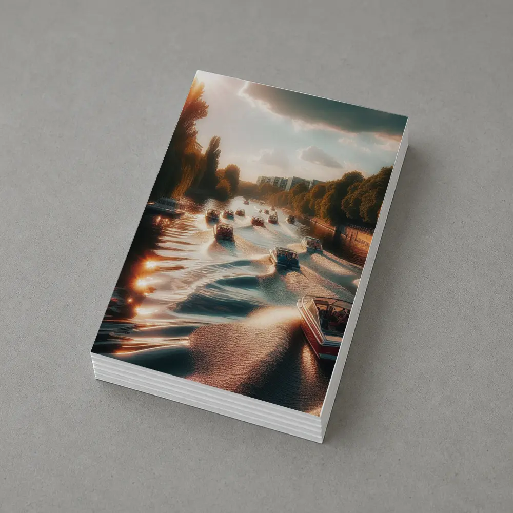 Boats Cruising Sunny River at Golden Hour – Postcards