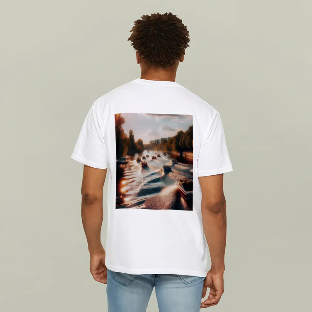 Boats Cruising Sunny River at Golden Hour – T-Shirts