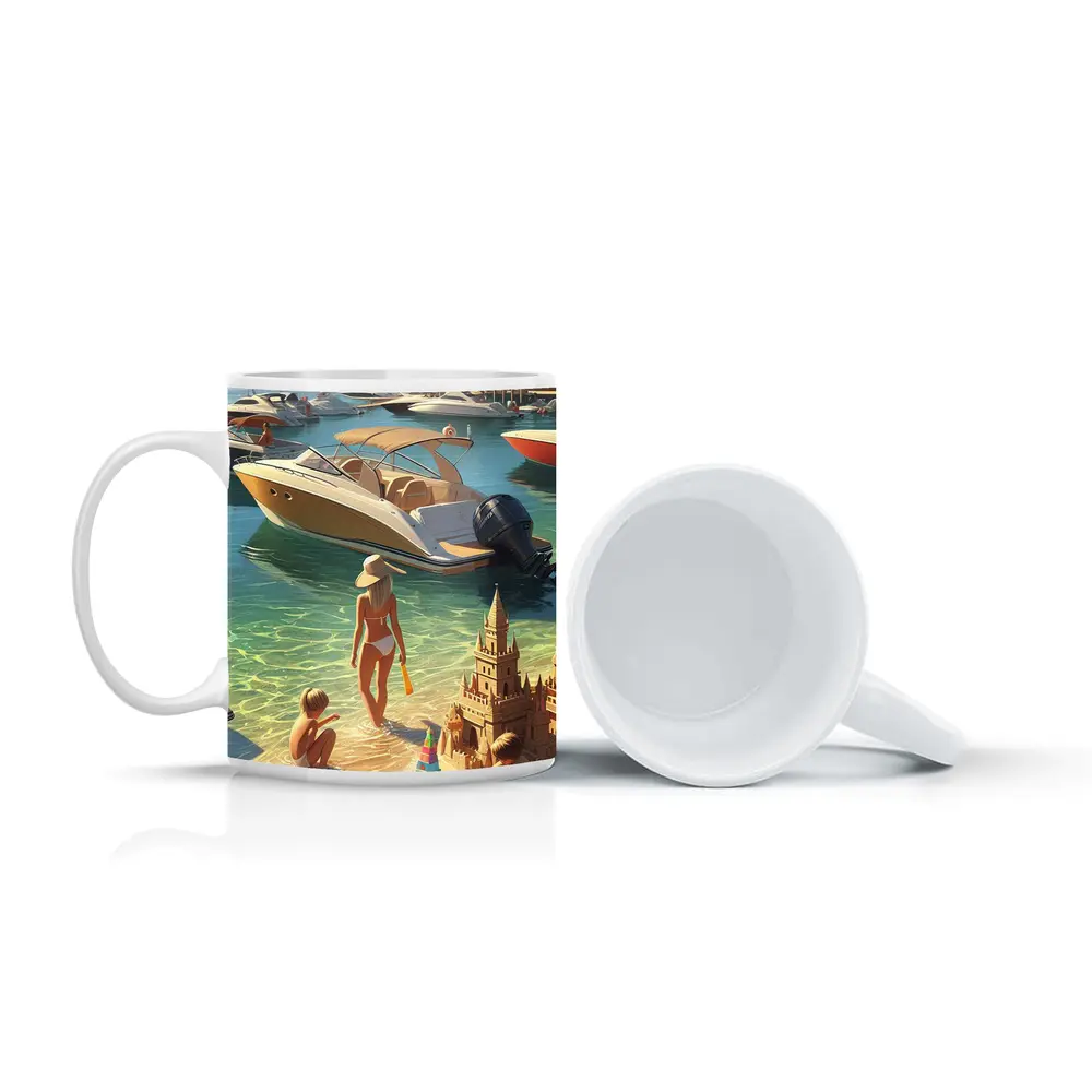 Summer Beach Day Speedboats Marina Scene – Mugs