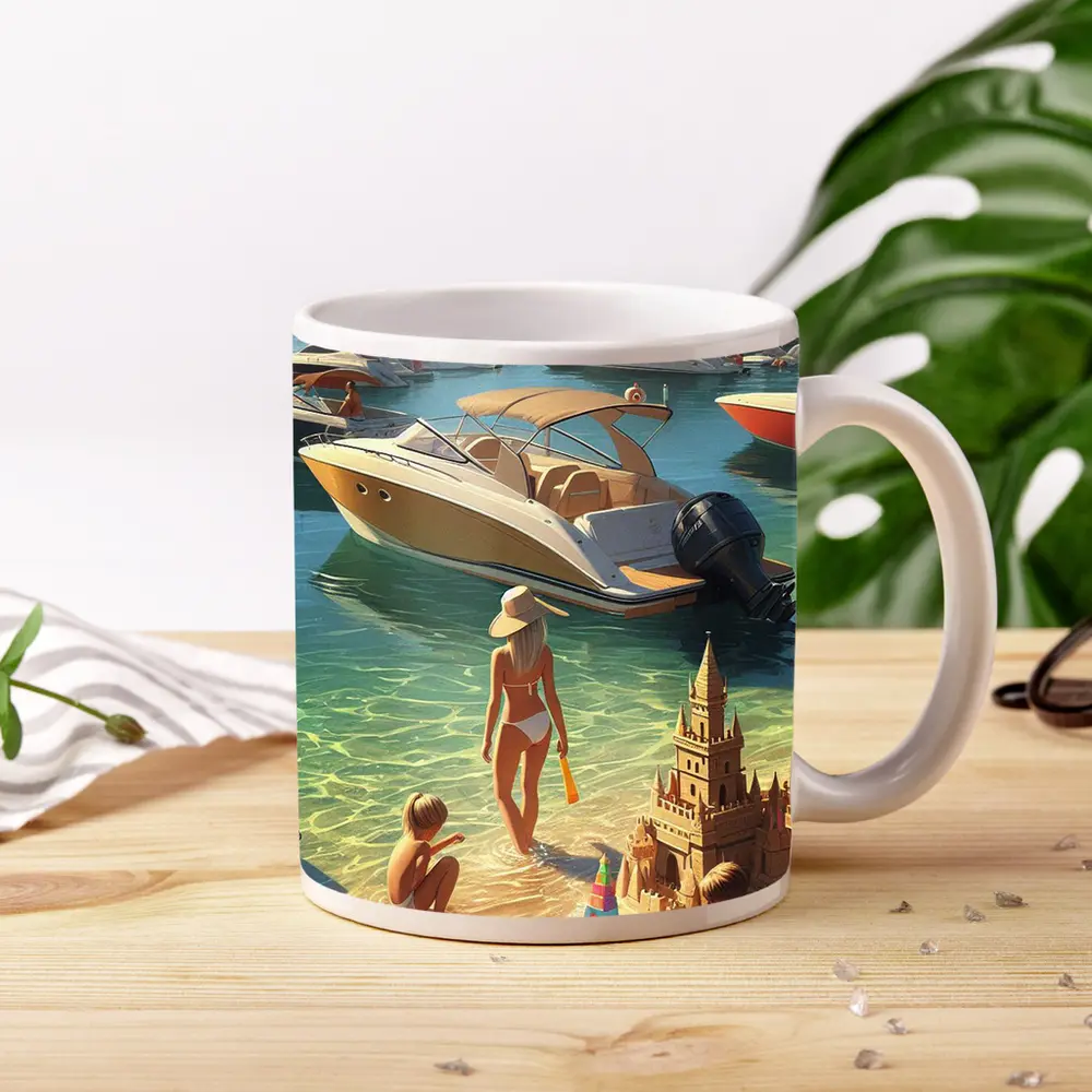 Summer Beach Day Speedboats Marina Scene – Mugs