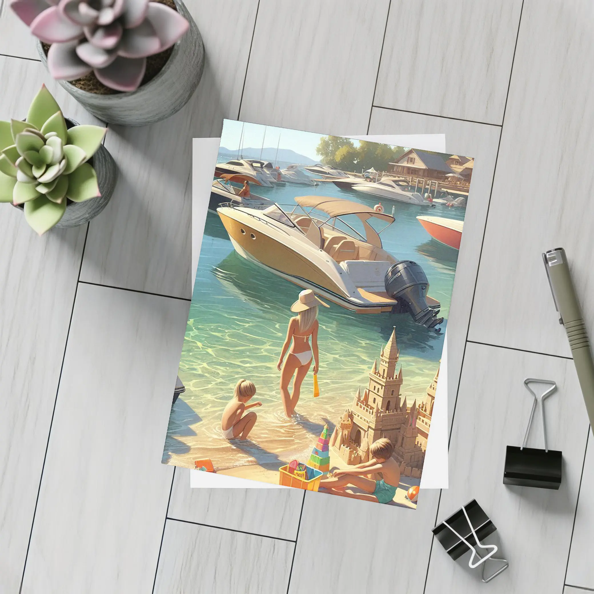 Summer Beach Day Speedboats Marina Scene – Postcards