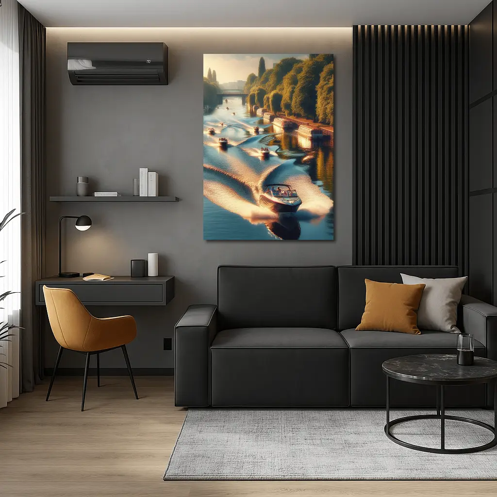 Speedboats Racing Along Sunny Tree Lined Canal – Wall Art