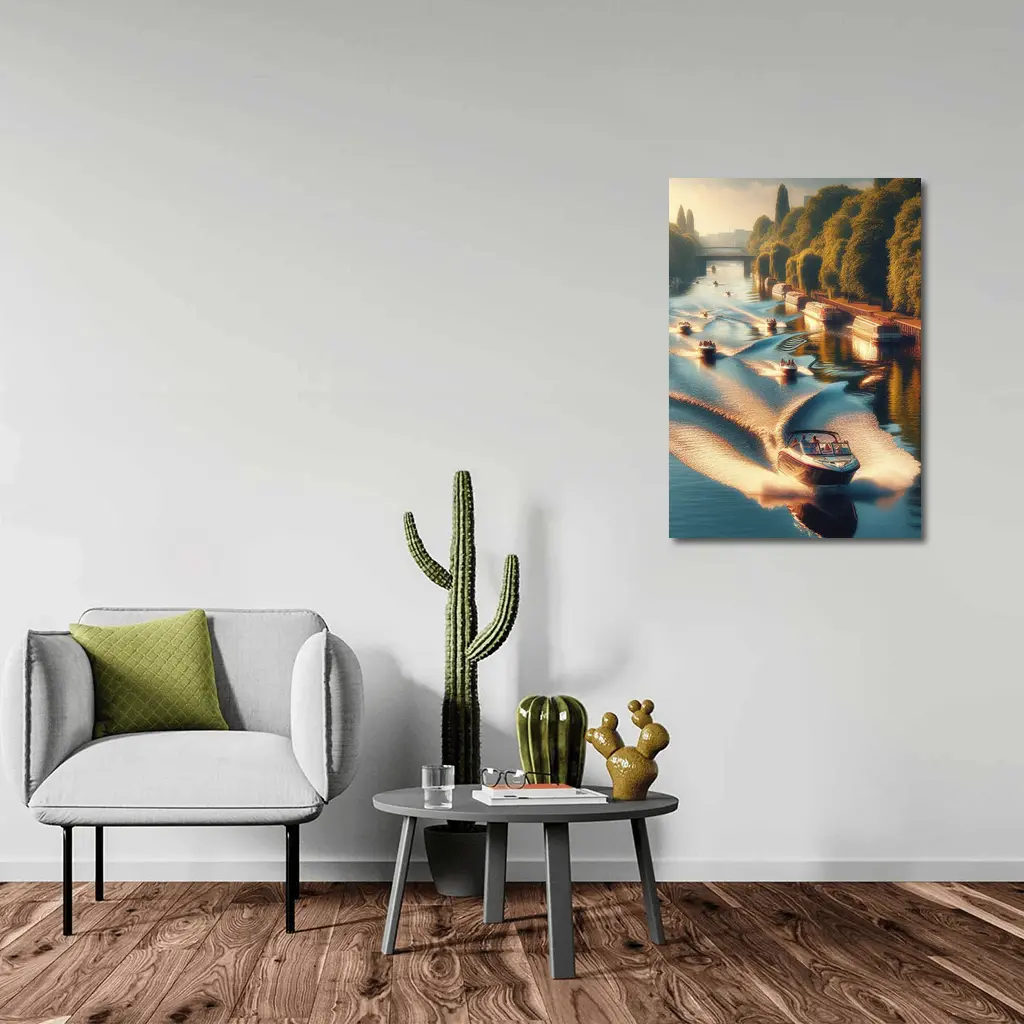 Speedboats Racing Along Sunny Tree Lined Canal – Wall Art
