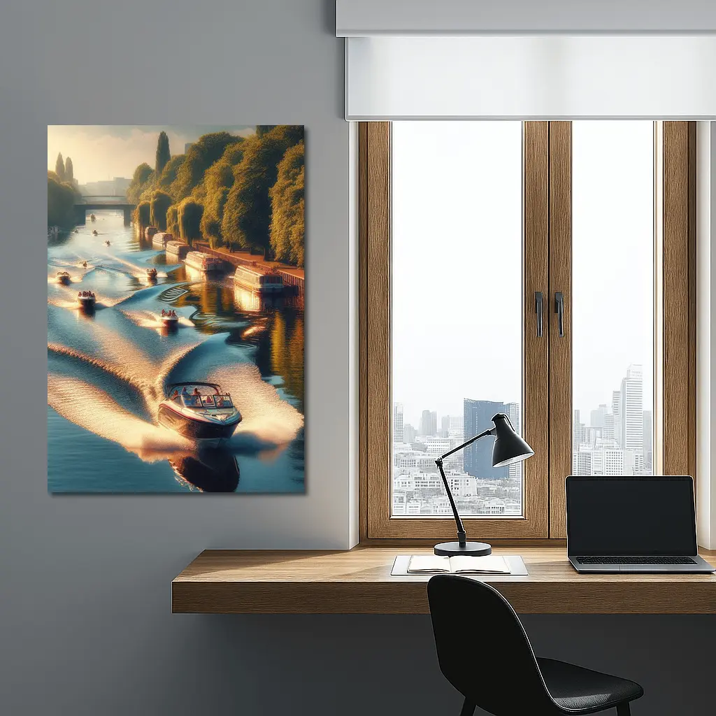 Speedboats Racing Along Sunny Tree Lined Canal – Wall Art