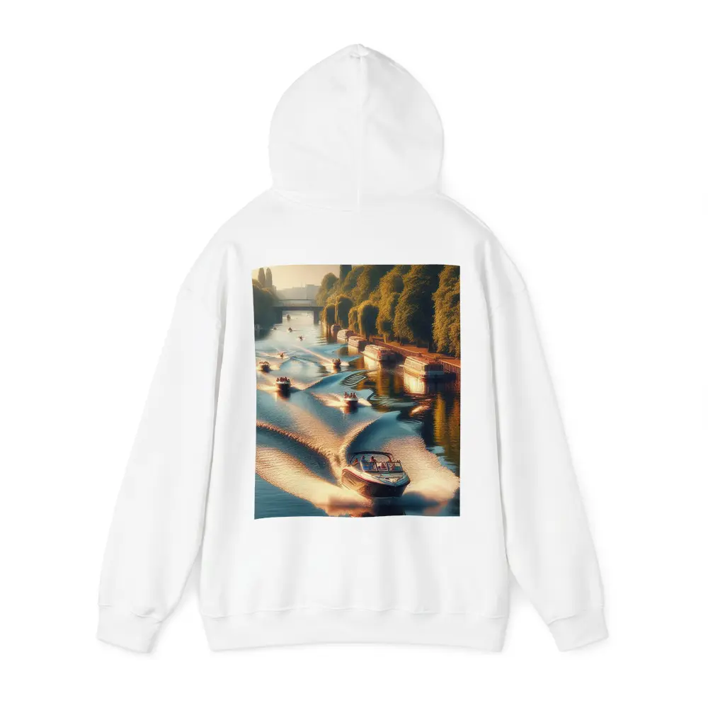 Speedboats Racing Along Sunny Tree Lined Canal – Hoodies