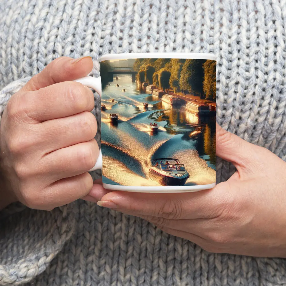 Speedboats Racing Along Sunny Tree Lined Canal – Mugs