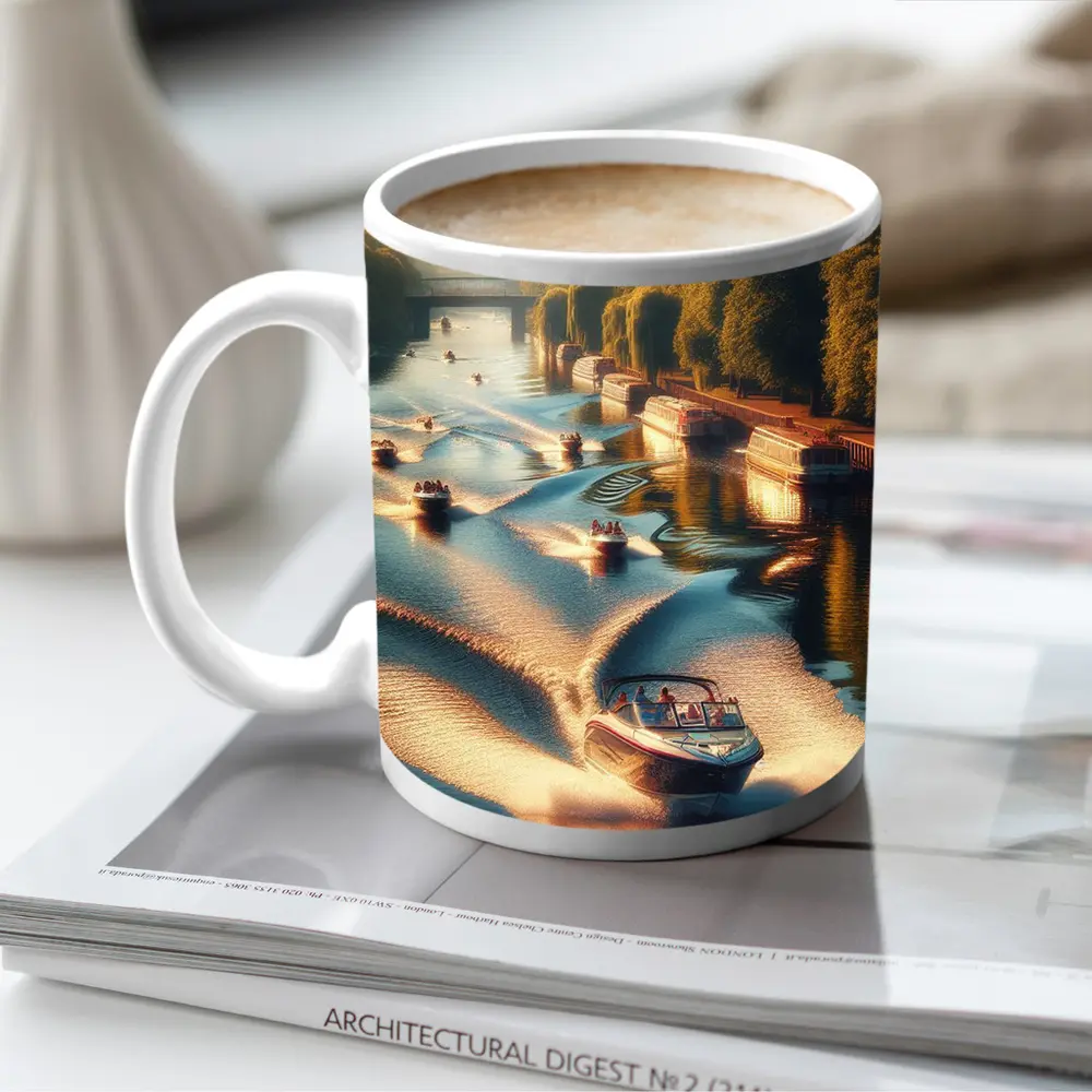 Speedboats Racing Along Sunny Tree Lined Canal – Mugs