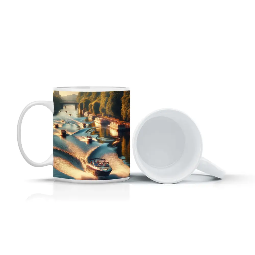 Speedboats Racing Along Sunny Tree Lined Canal – Mugs