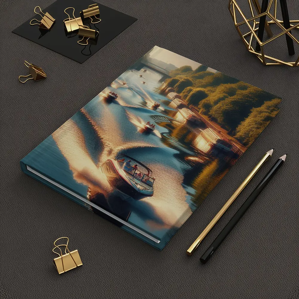 Speedboats Racing Along Sunny Tree Lined Canal – Notebooks