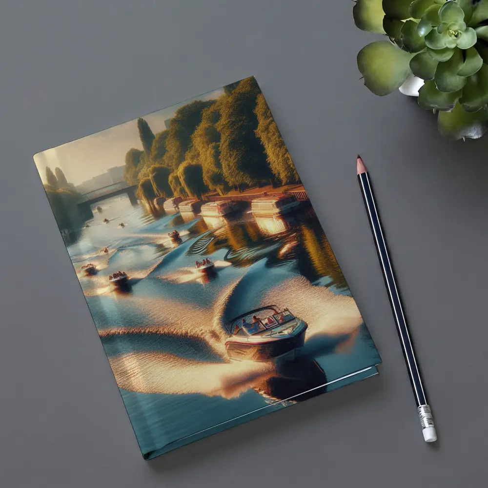 Speedboats Racing Along Sunny Tree Lined Canal – Notebooks