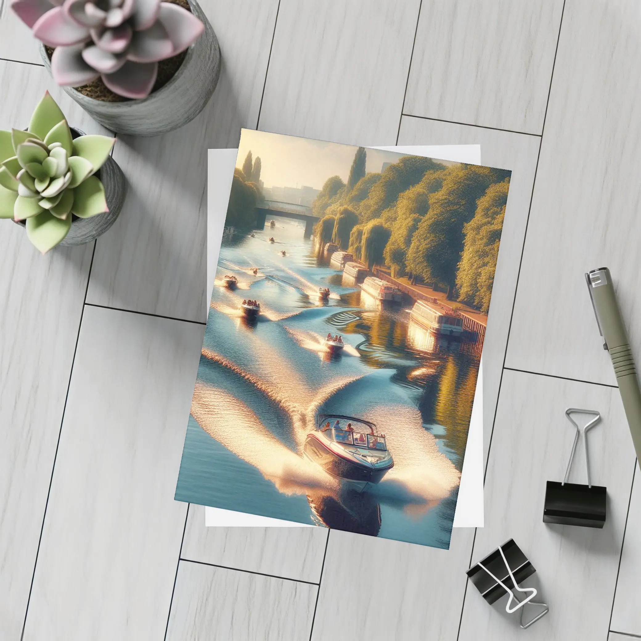 Speedboats Racing Along Sunny Tree Lined Canal – Postcards