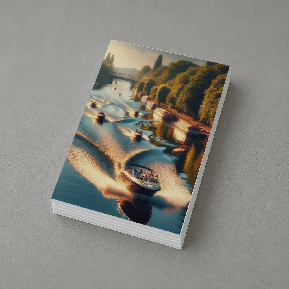 Speedboats Racing Along Sunny Tree Lined Canal – Postcards