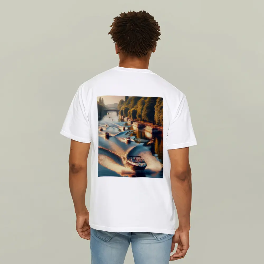 Speedboats Racing Along Sunny Tree Lined Canal – T-Shirts