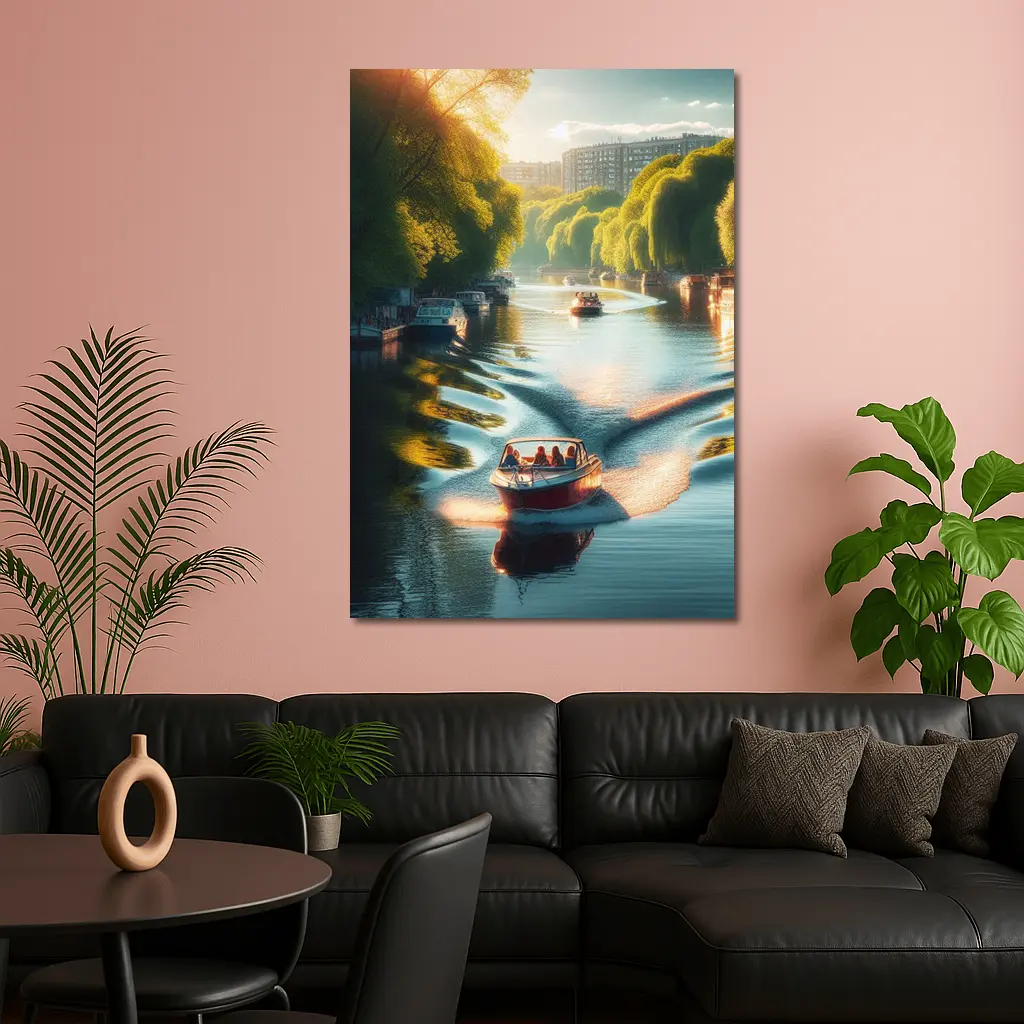 Red Boat Gliding Through Sunny Canal – Wall Art