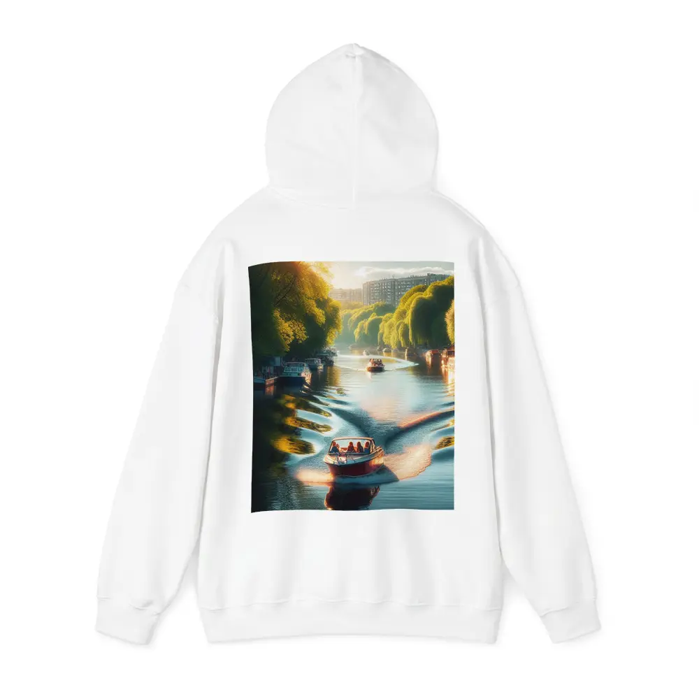 Red Boat Gliding Through Sunny Canal – Hoodies