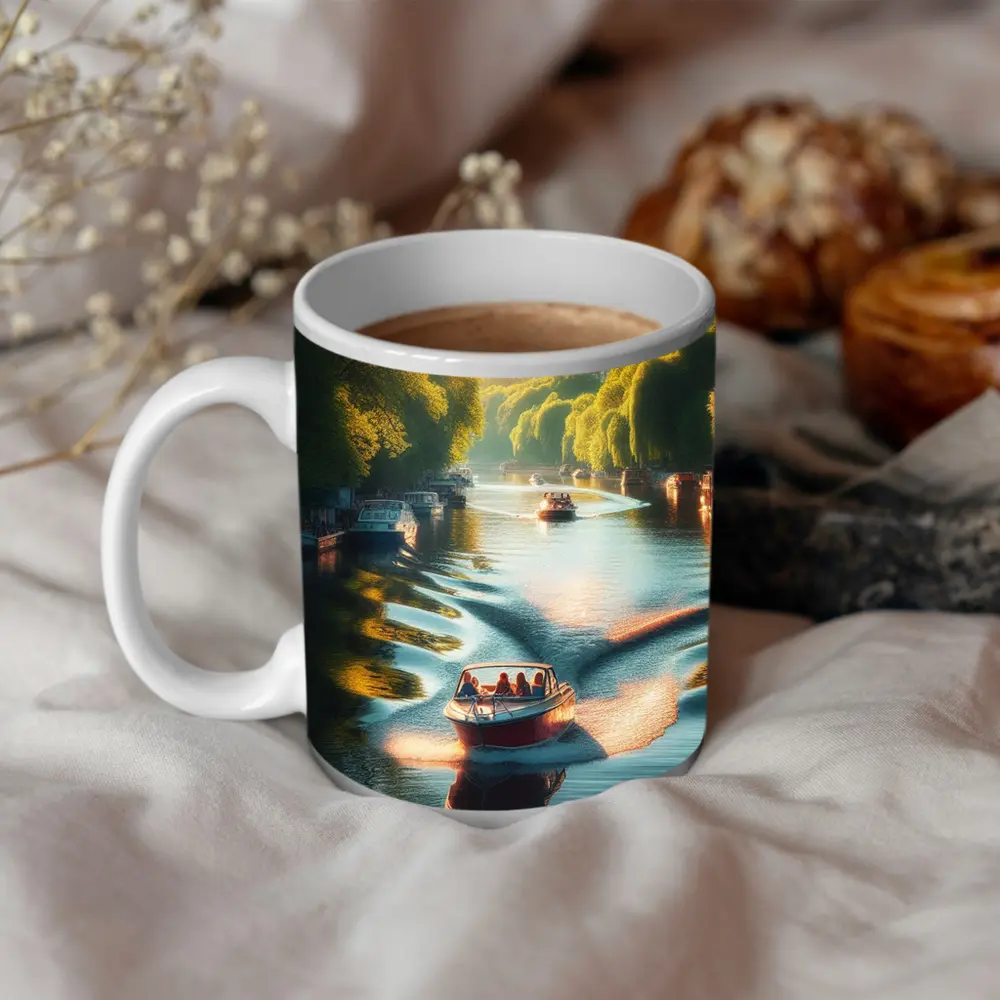 Red Boat Gliding Through Sunny Canal – Mugs