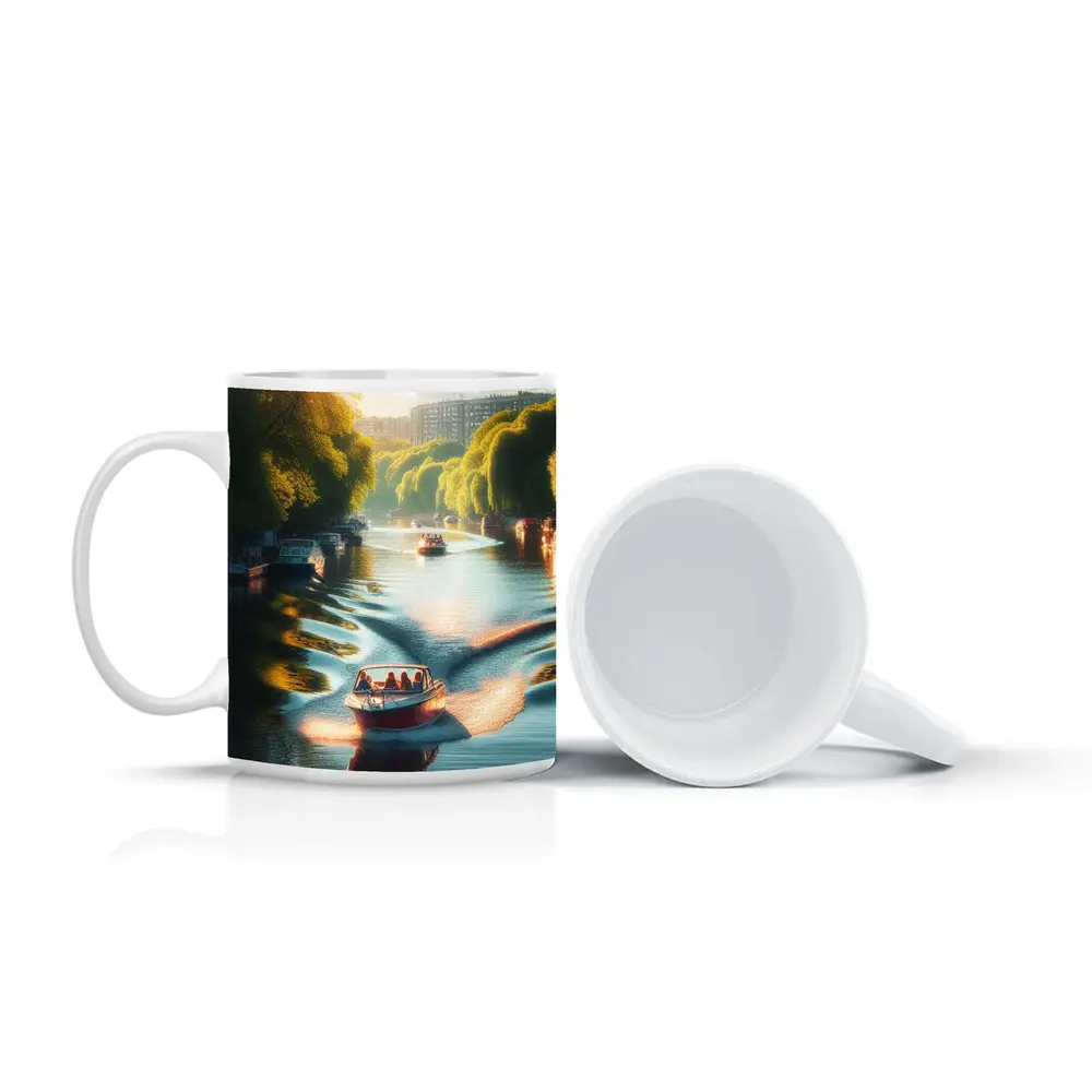 Red Boat Gliding Through Sunny Canal – Mugs