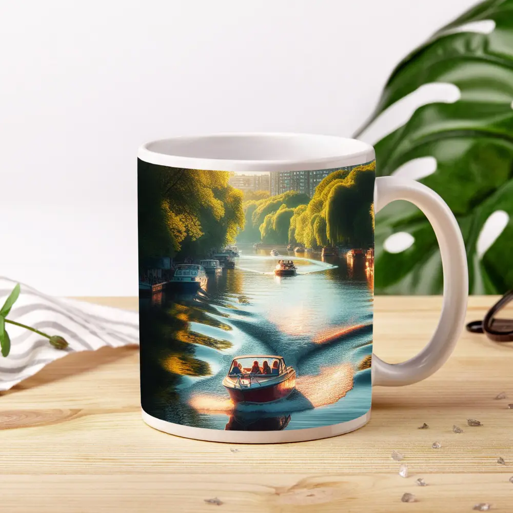 Red Boat Gliding Through Sunny Canal – Mugs