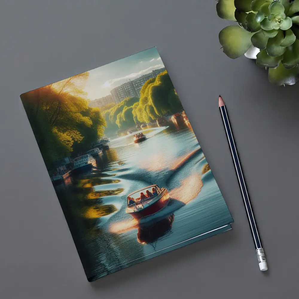 Red Boat Gliding Through Sunny Canal – Notebooks