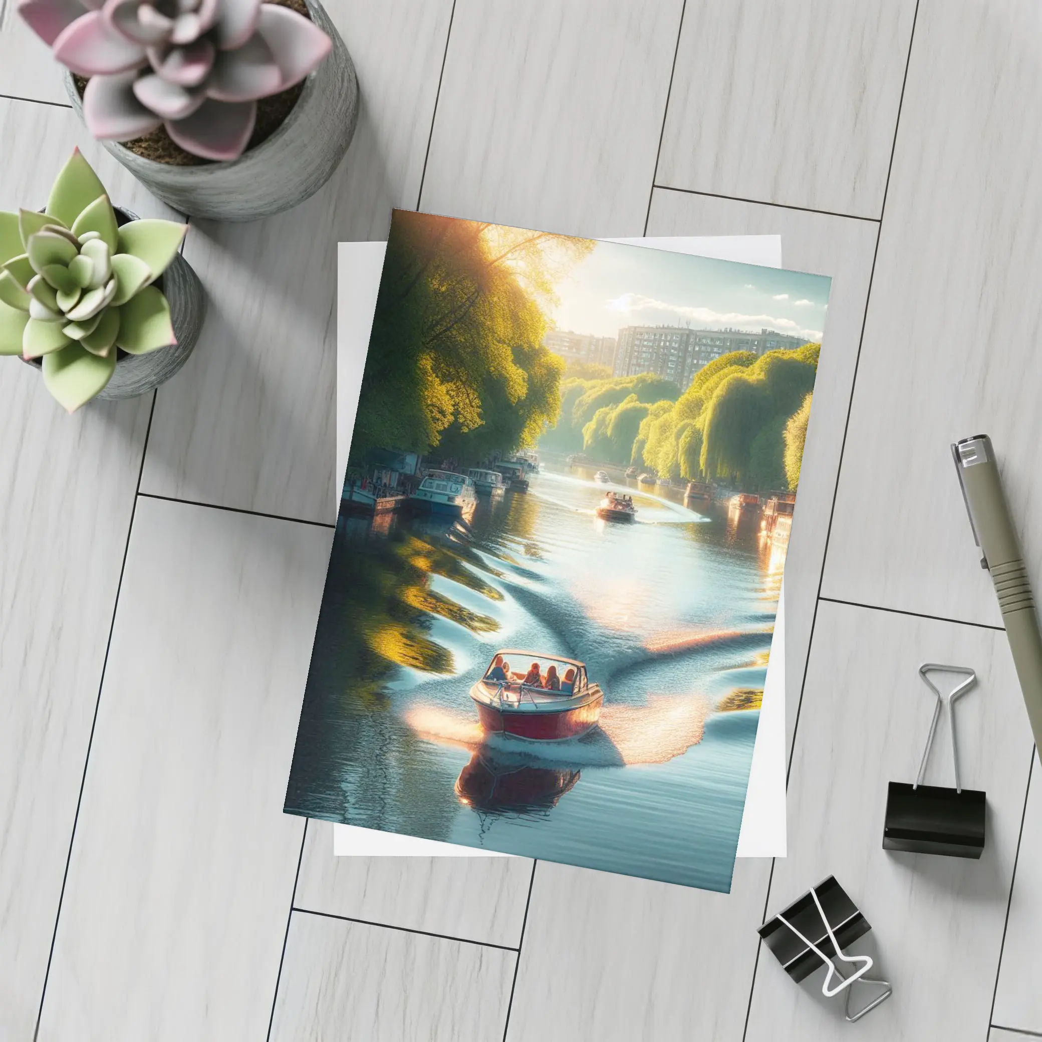 Red Boat Gliding Through Sunny Canal – Postcards