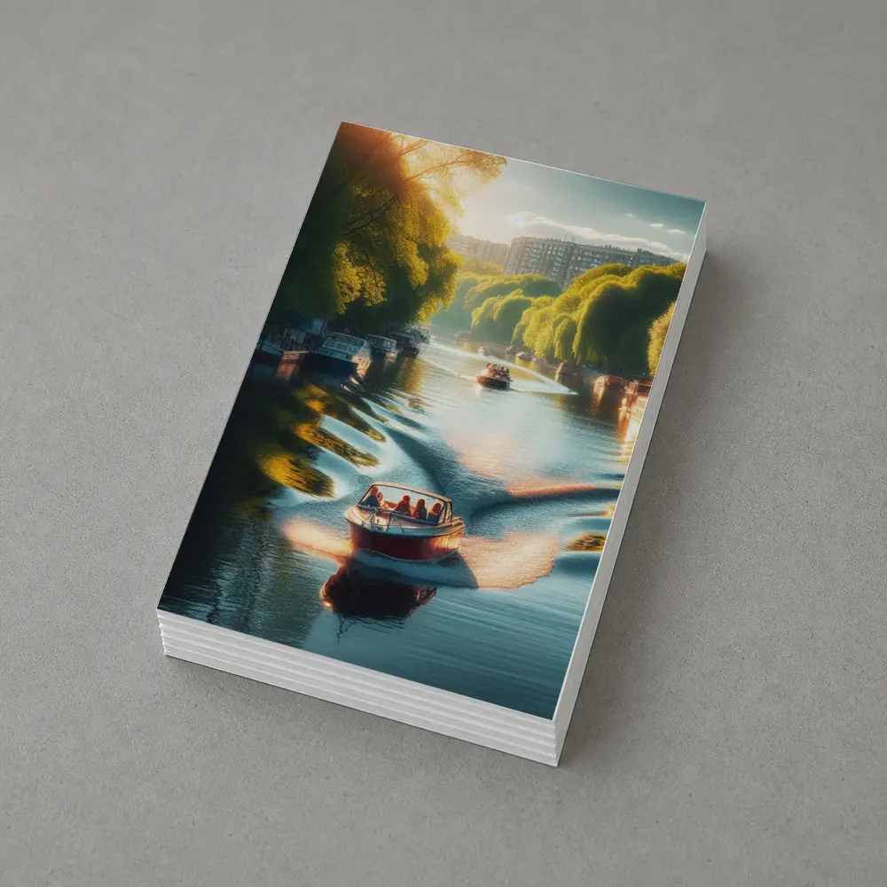 Red Boat Gliding Through Sunny Canal – Postcards