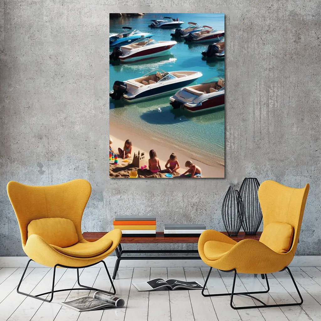 Speedboats Anchored Sandy Beach Turquoise Water – Wall Art