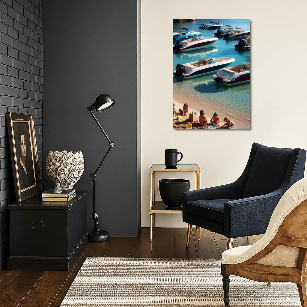 Speedboats Anchored Sandy Beach Turquoise Water – Wall Art