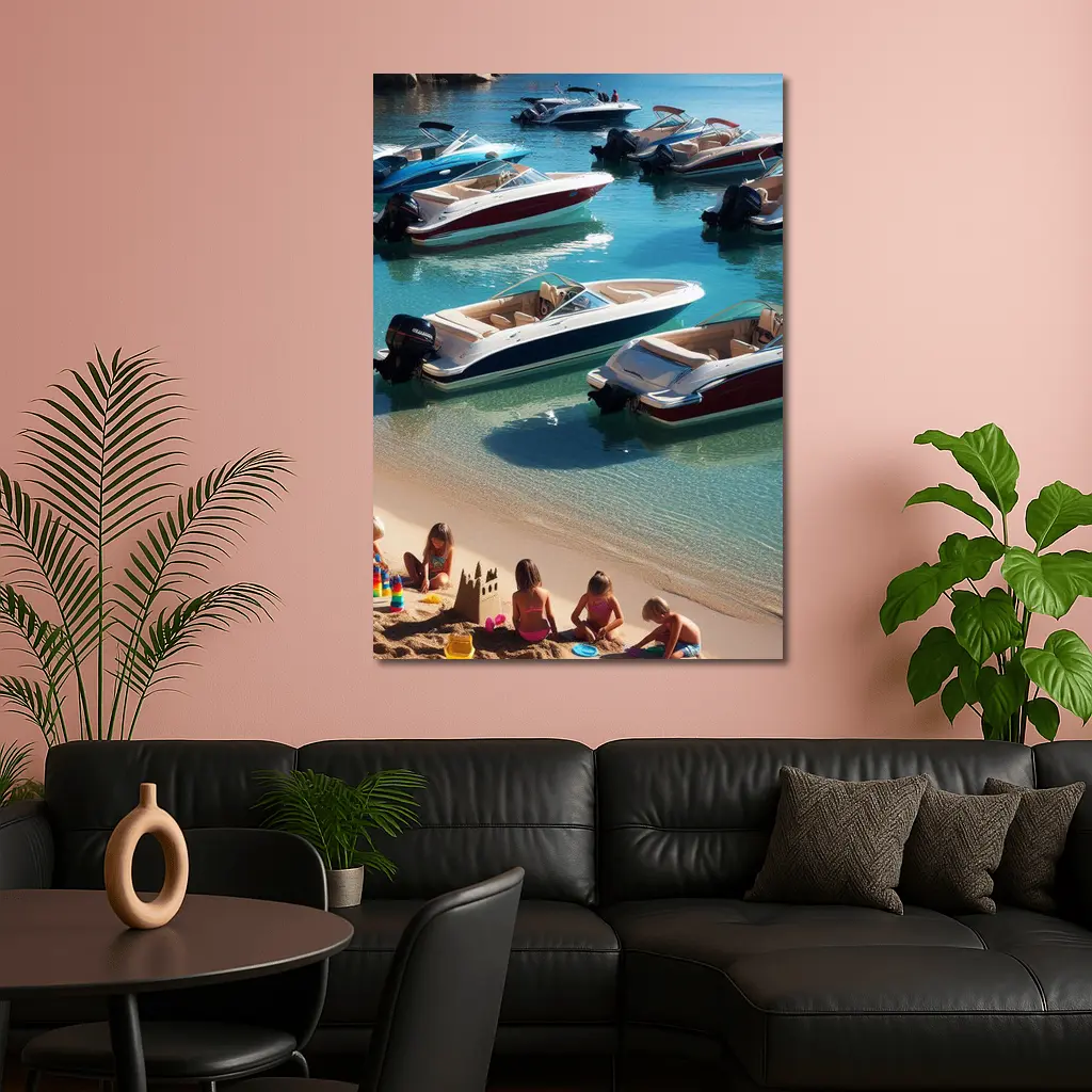 Speedboats Anchored Sandy Beach Turquoise Water – Wall Art