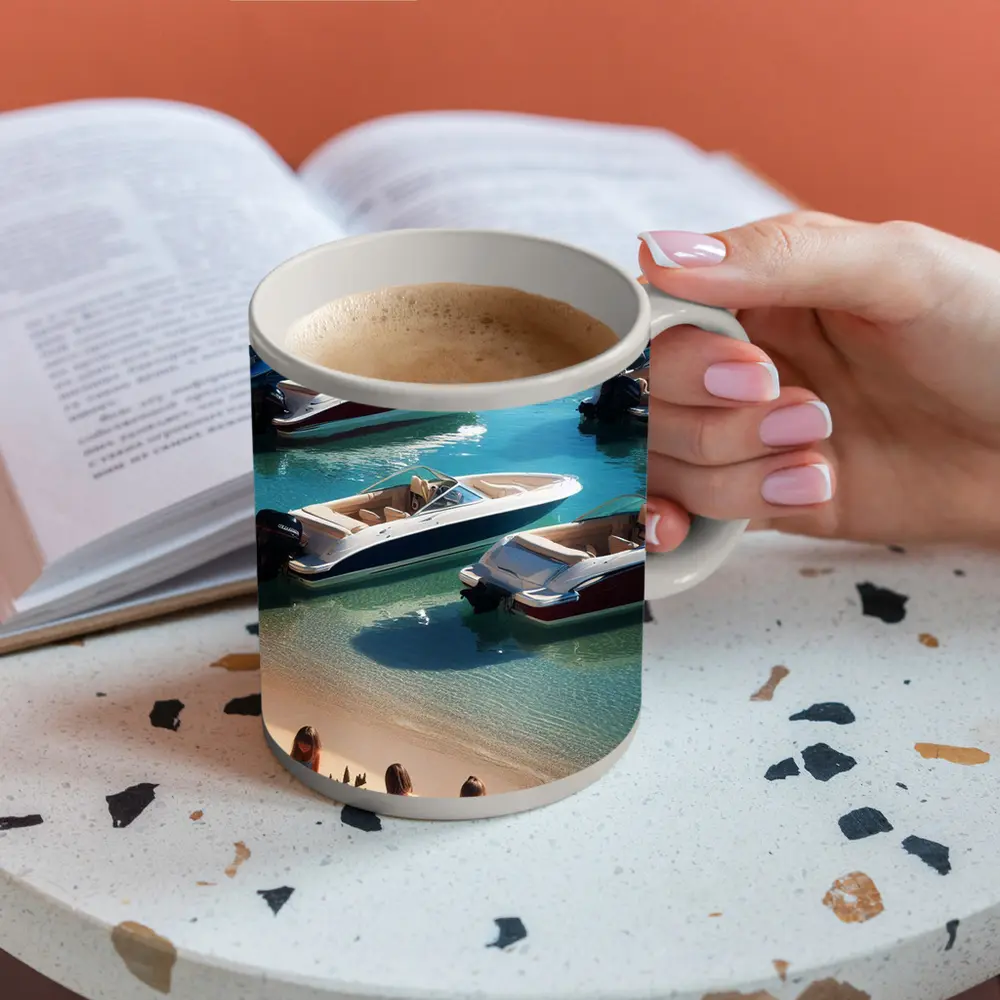 Speedboats Anchored Sandy Beach Turquoise Water – Mugs