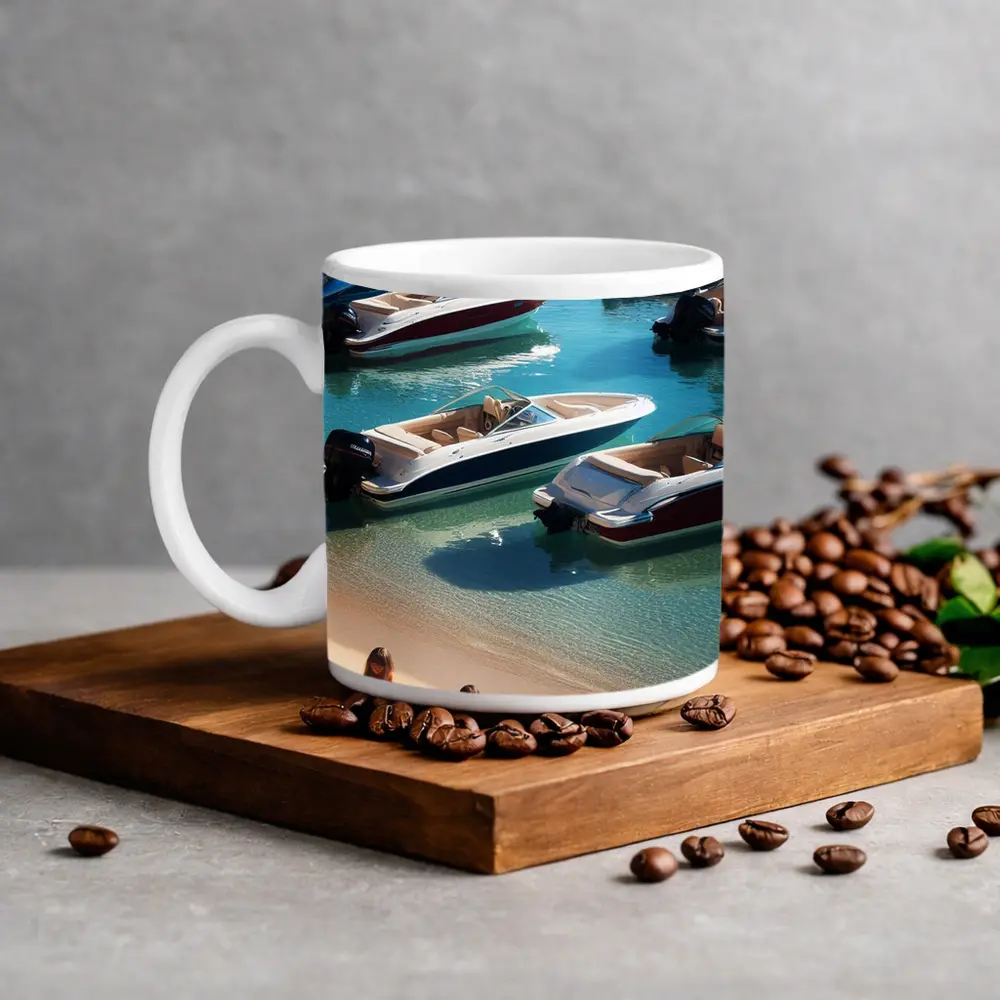 Speedboats Anchored Sandy Beach Turquoise Water – Mugs