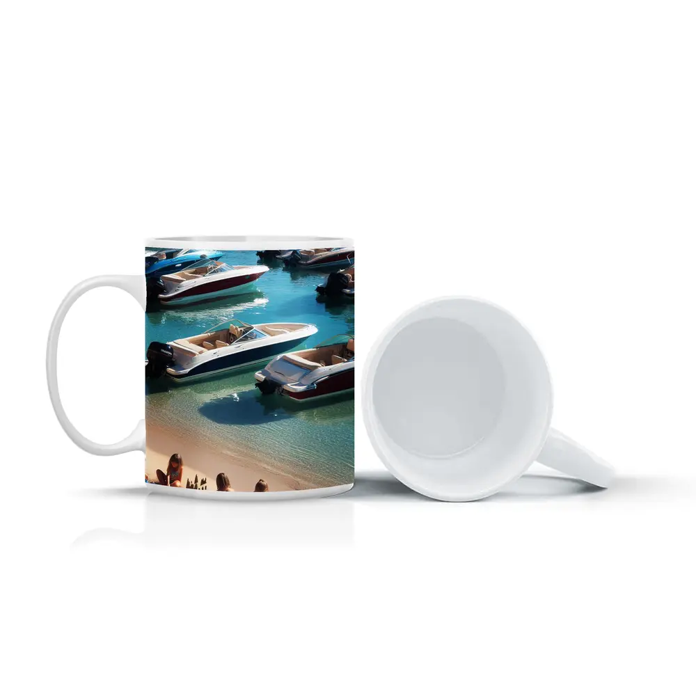 Speedboats Anchored Sandy Beach Turquoise Water – Mugs