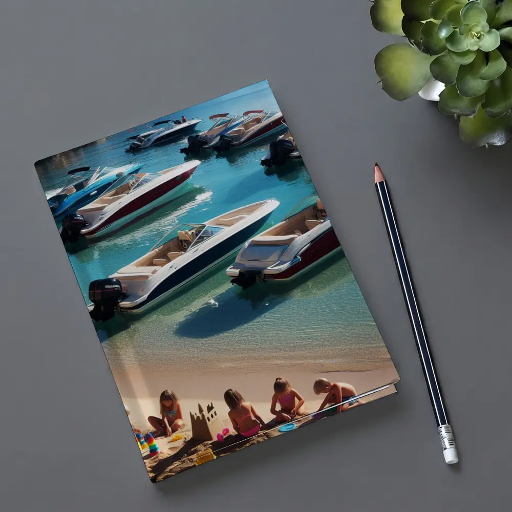 Speedboats Anchored Sandy Beach Turquoise Water – Notebooks