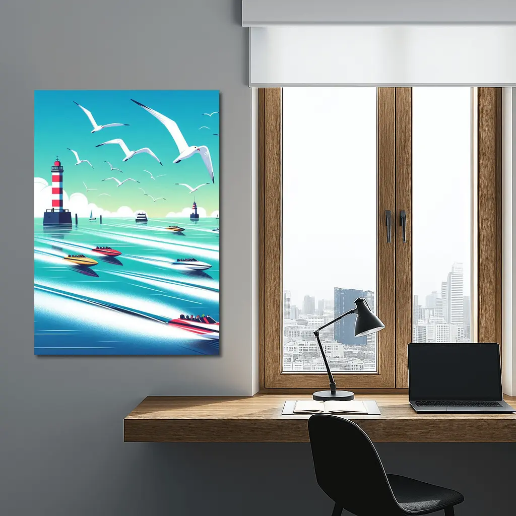 Speedboats Racing Past Lighthouse Seagulls Sky – Wall Art