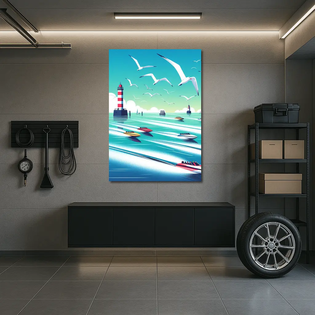 Speedboats Racing Past Lighthouse Seagulls Sky – Wall Art